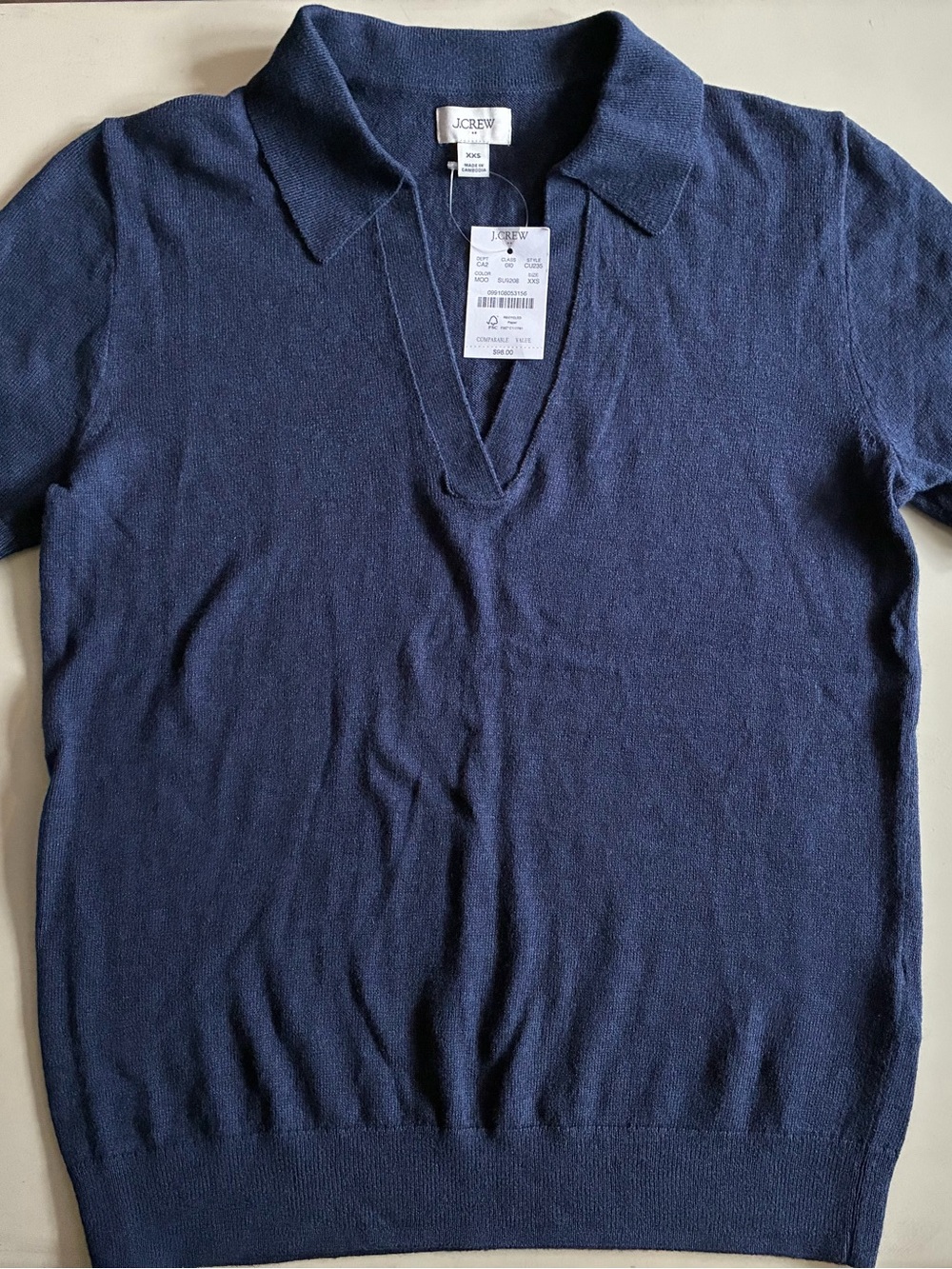 J. Crew Cotton and cashmere Navy Collared V-Neck Polo Sweater. XXS. NWT.
